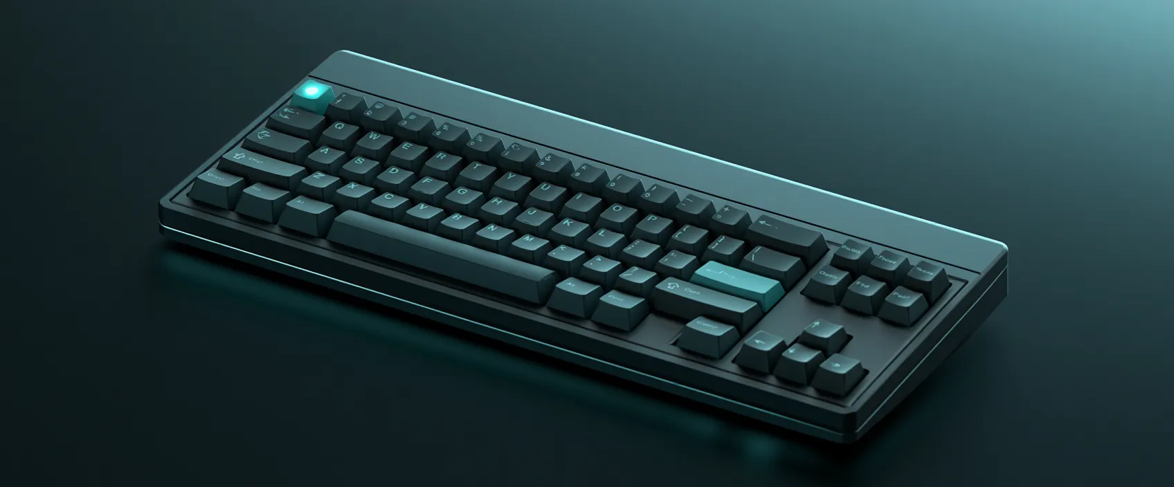 A backlit mechanical keyboard with one key glowing teal
